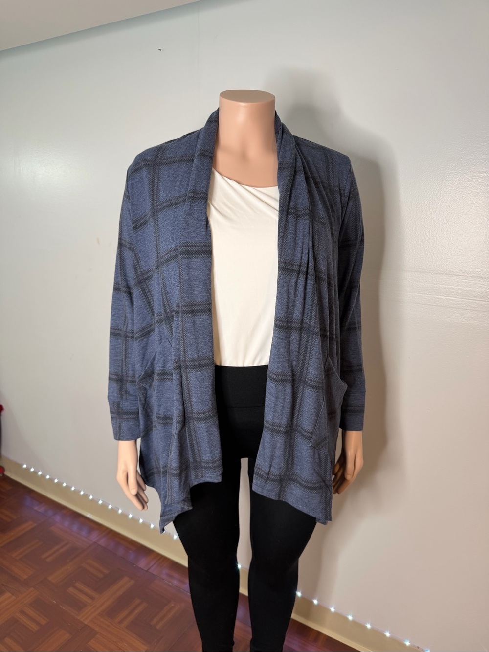 Women's Blue Plaid Open-Front Cardigan Sweater